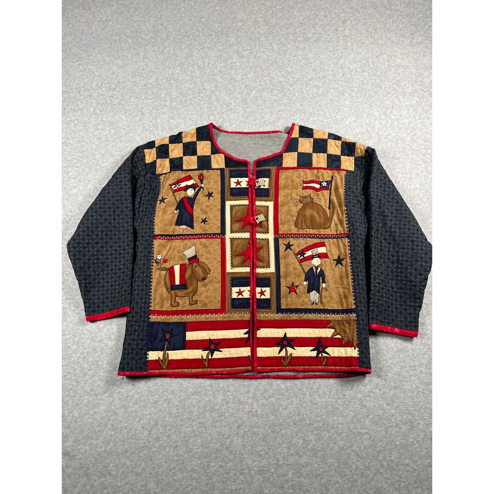 VTG Quilted Americana Jacket Women XL Multi Color Olde Glory Patchwork Folk Art